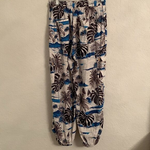 C&C Tropical Print 2pc Set Top Crop/ Joggers Cargo Style Linen Blend Size S - Picture 10 of 15